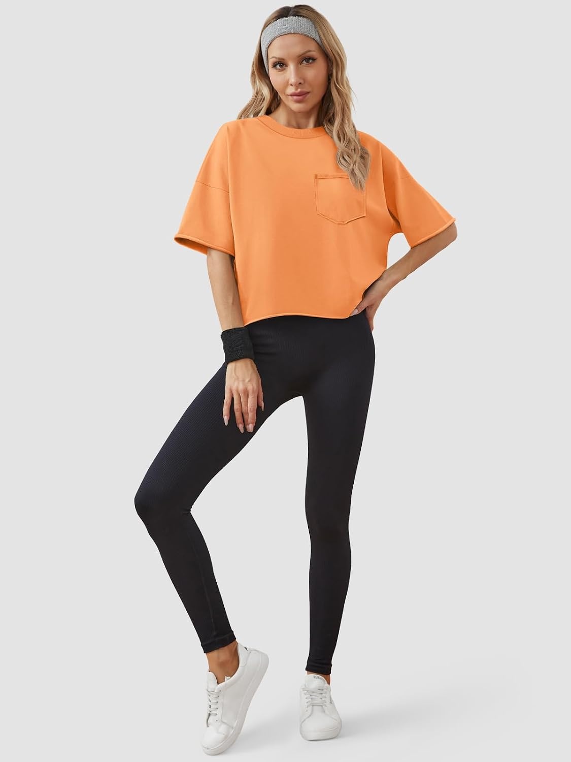 image:imageATHMILE Womens Crop Tops Workout Shirts Gym Oversized Spring Summer Basic Tees Short Sleeve Casual Loose Drop Shoulder 2026Orange