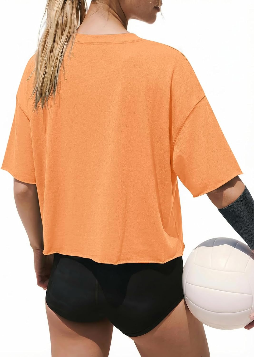image:imageATHMILE Womens Crop Tops Workout Shirts Gym Oversized Spring Summer Basic Tees Short Sleeve Casual Loose Drop Shoulder 2026Orange