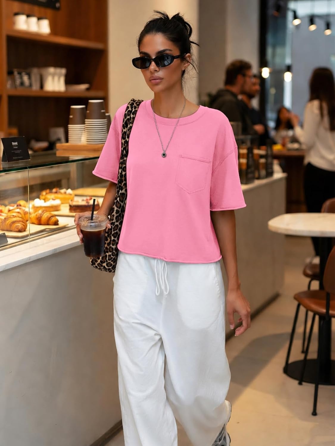 image:imageATHMILE Womens Crop Tops Workout Shirts Gym Oversized Spring Summer Basic Tees Short Sleeve Casual Loose Drop Shoulder 2026Pink