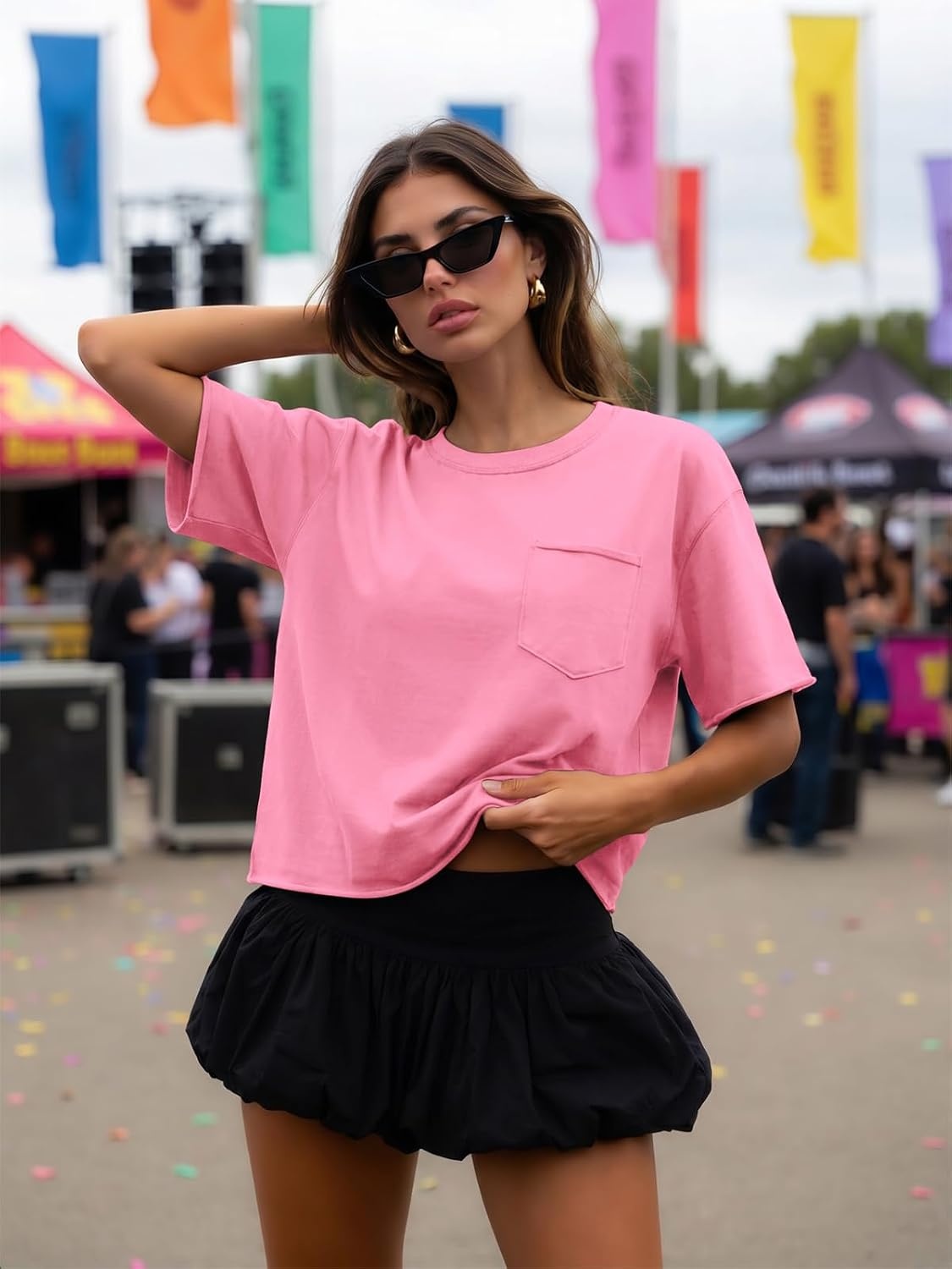 image:imageATHMILE Womens Crop Tops Workout Shirts Gym Oversized Spring Summer Basic Tees Short Sleeve Casual Loose Drop Shoulder 2026Pink
