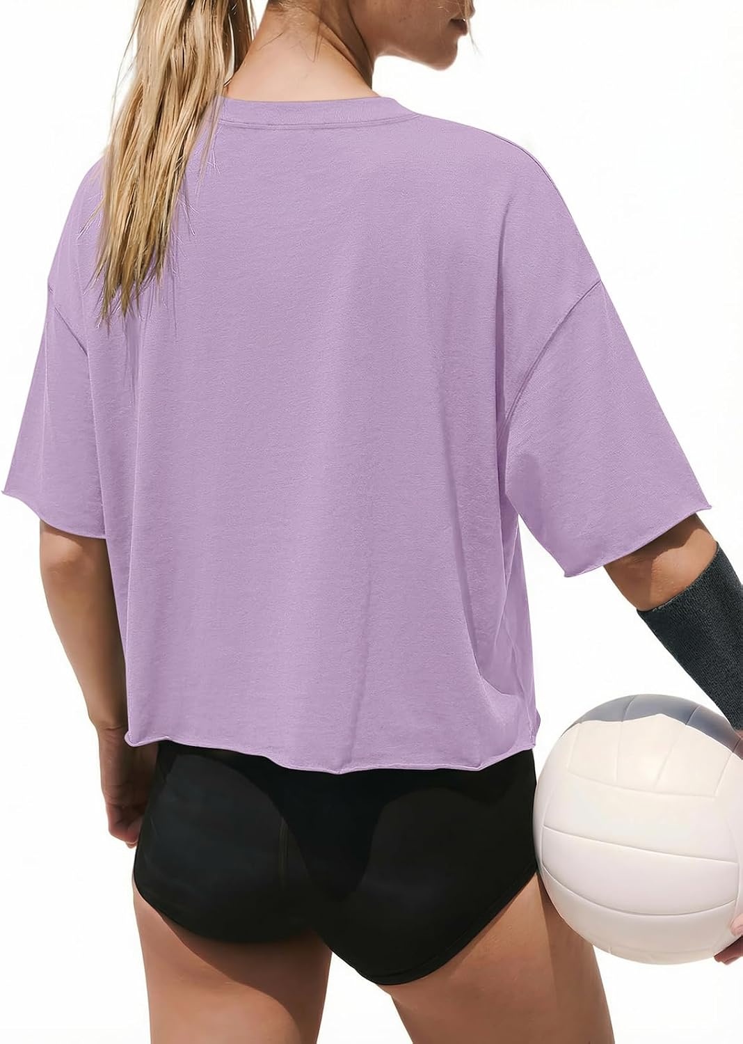 image:imageATHMILE Womens Crop Tops Workout Shirts Gym Oversized Spring Summer Basic Tees Short Sleeve Casual Loose Drop Shoulder 2026Purple