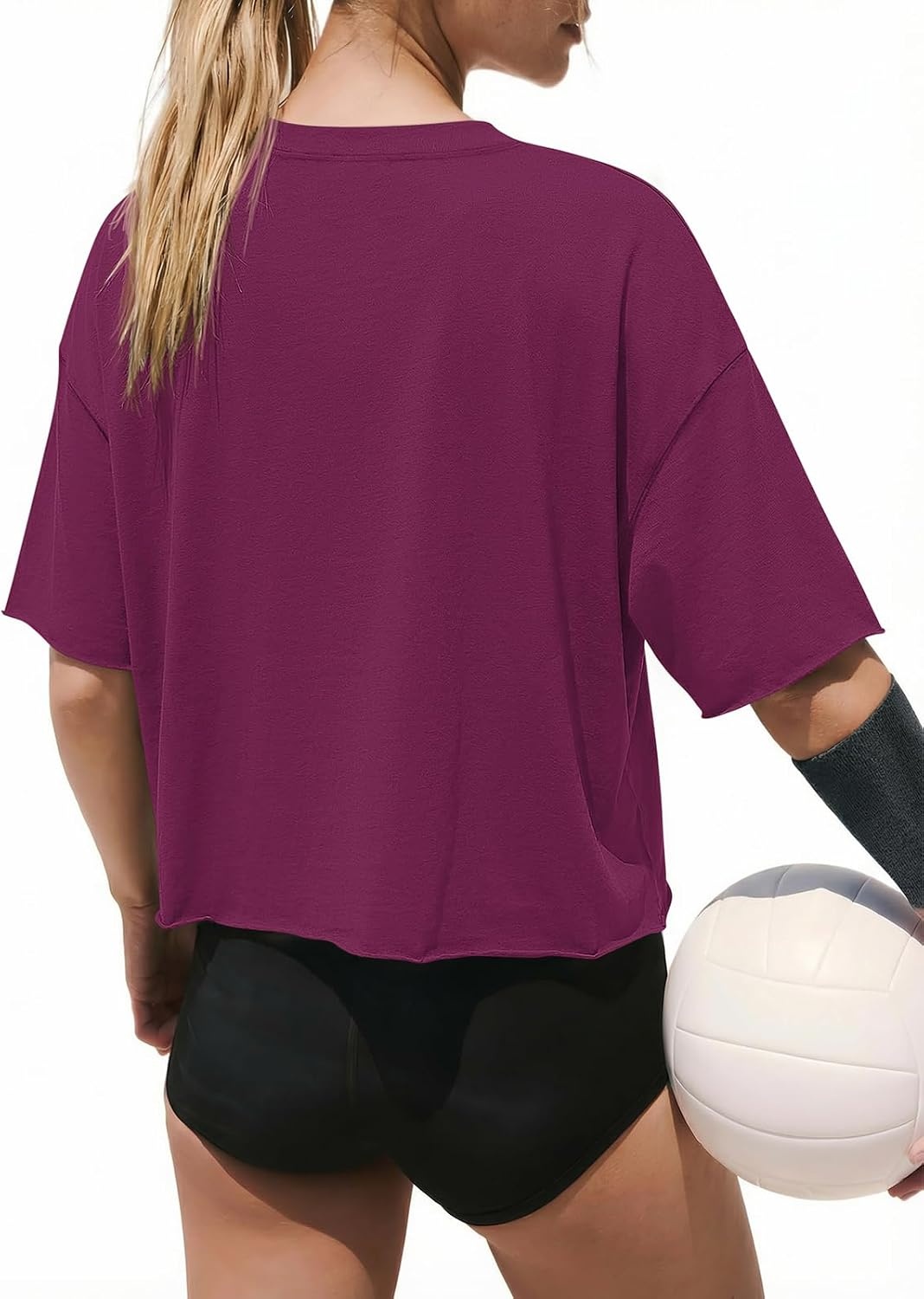 image:imageATHMILE Womens Crop Tops Workout Shirts Gym Oversized Spring Summer Basic Tees Short Sleeve Casual Loose Drop Shoulder 2026Purple Red