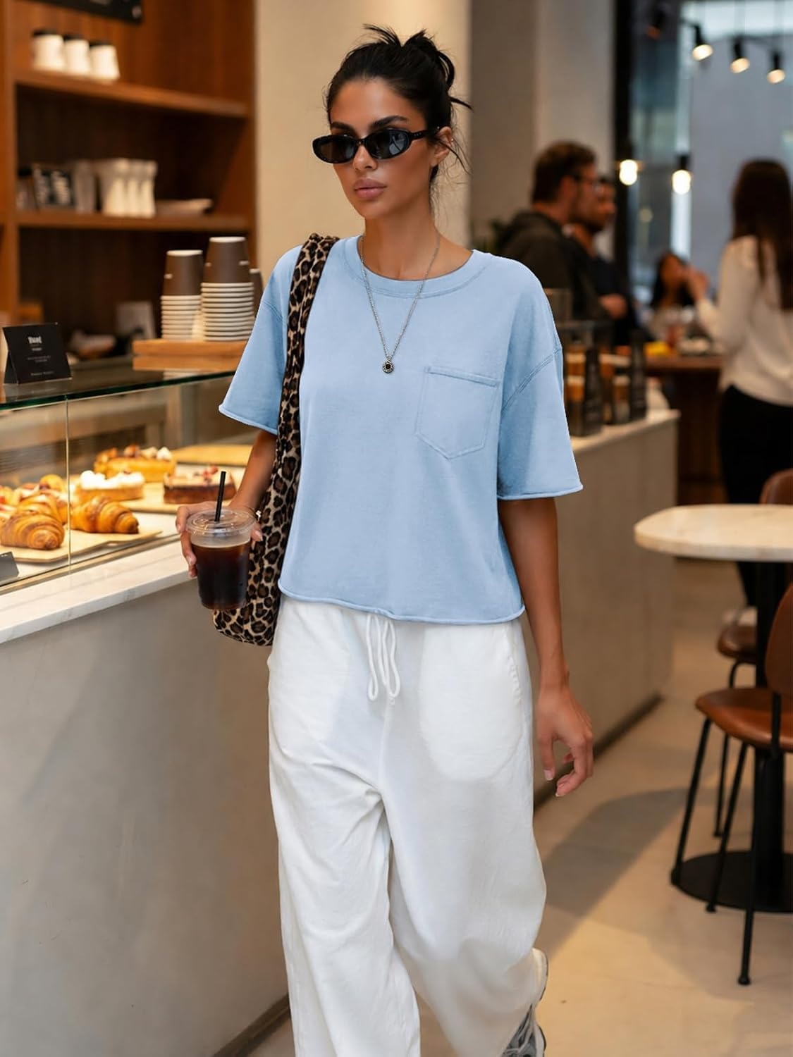 image:imageATHMILE Womens Crop Tops Workout Shirts Gym Oversized Spring Summer Basic Tees Short Sleeve Casual Loose Drop Shoulder 2026Skyblue