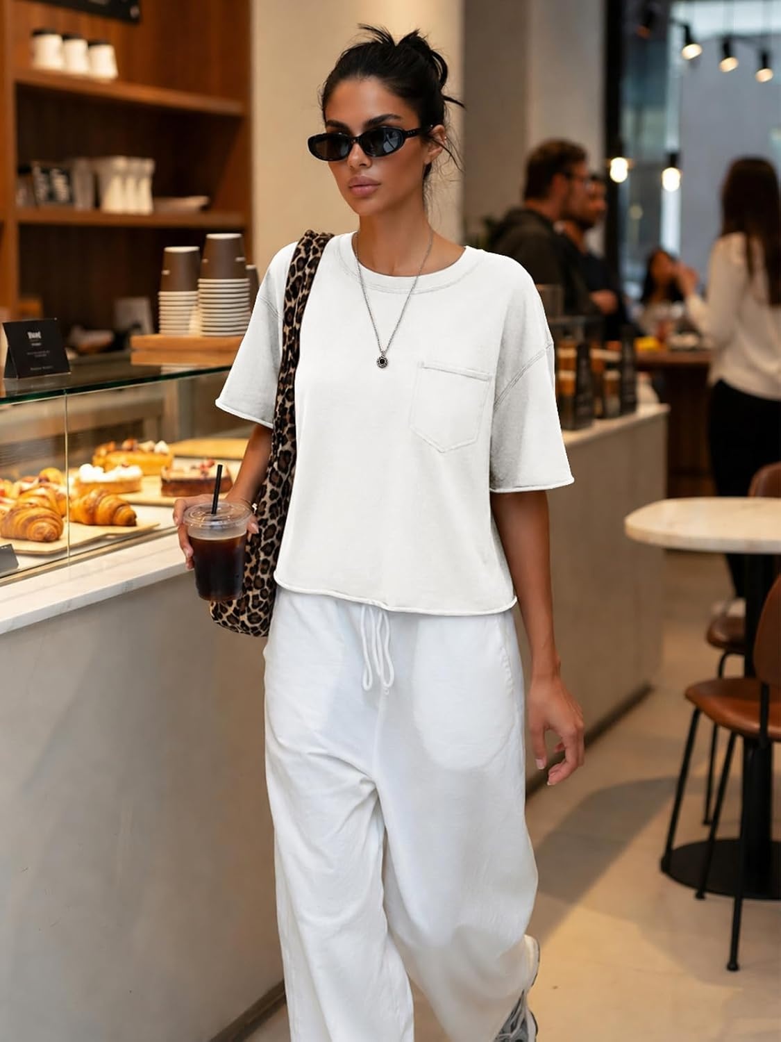 image:imageATHMILE Womens Crop Tops Workout Shirts Gym Oversized Spring Summer Basic Tees Short Sleeve Casual Loose Drop Shoulder 2026White