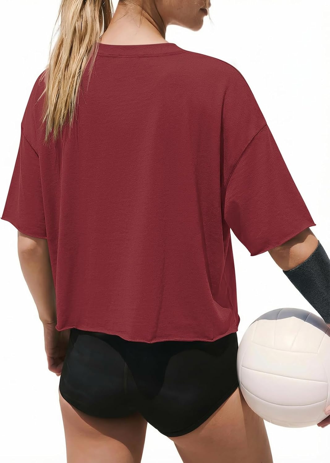image:imageATHMILE Womens Crop Tops Workout Shirts Gym Oversized Spring Summer Basic Tees Short Sleeve Casual Loose Drop Shoulder 2026Winered