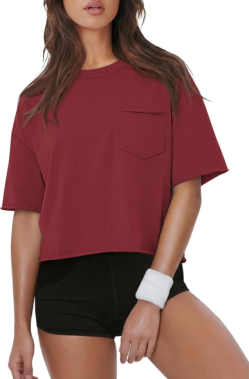 image:imageATHMILE Womens Crop Tops Workout Shirts Gym Oversized Spring Summer Basic Tees Short Sleeve Casual Loose Drop Shoulder 2026Winered