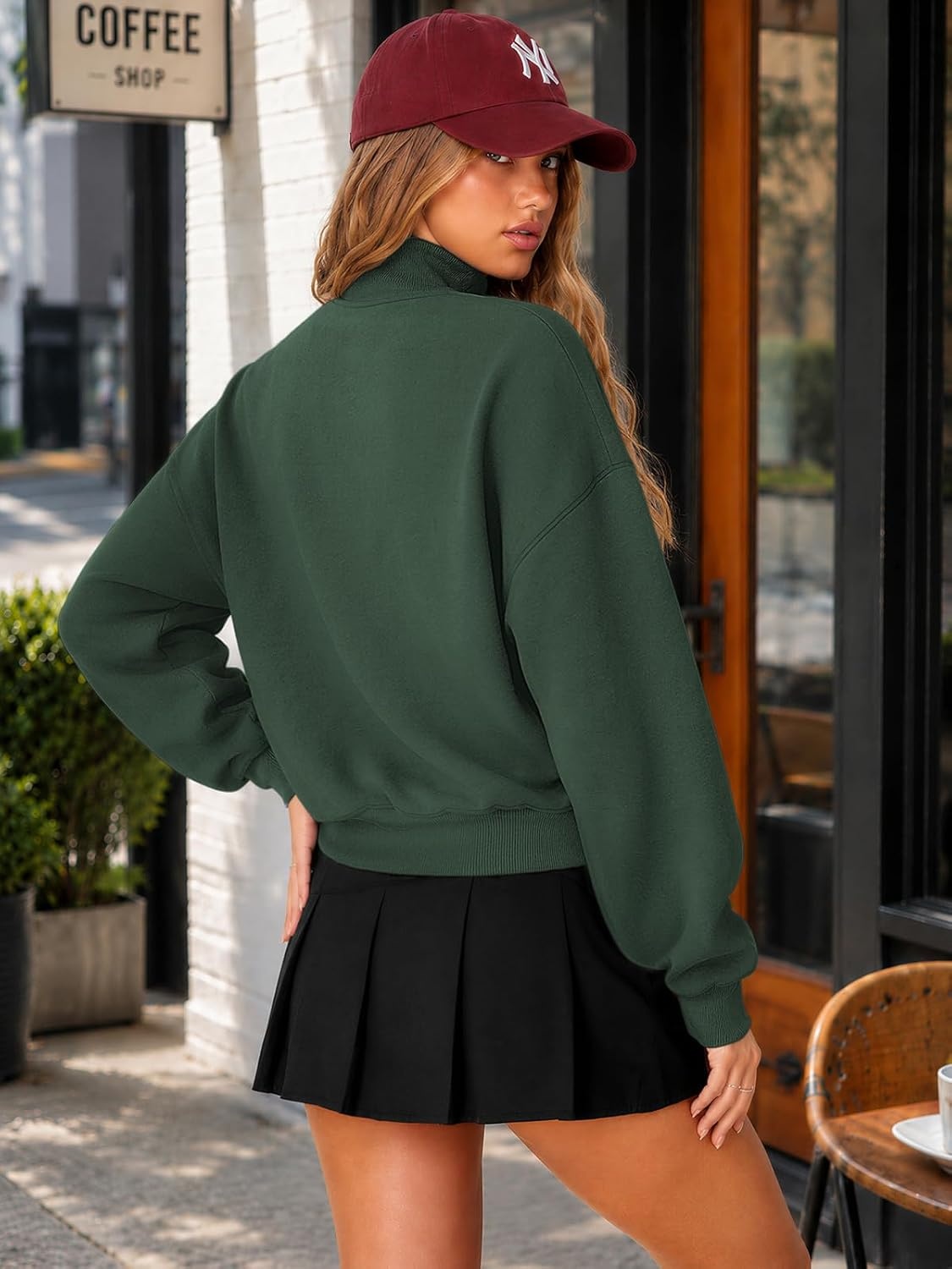 image:imageATHMILE Womens Cropped Sweatshirts Oversized Turtleneck Long Sleeve Tops 2026 Spring Winter Loose Pullover Teen Girls ClothesDark Green