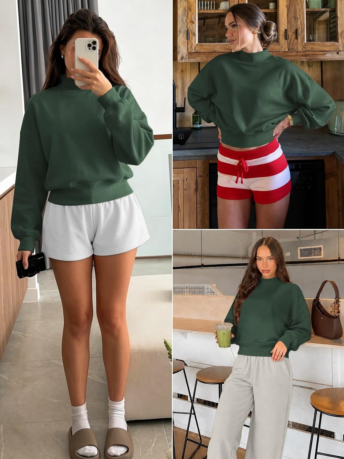 image:imageATHMILE Womens Cropped Sweatshirts Oversized Turtleneck Long Sleeve Tops 2026 Spring Winter Loose Pullover Teen Girls ClothesDark Green