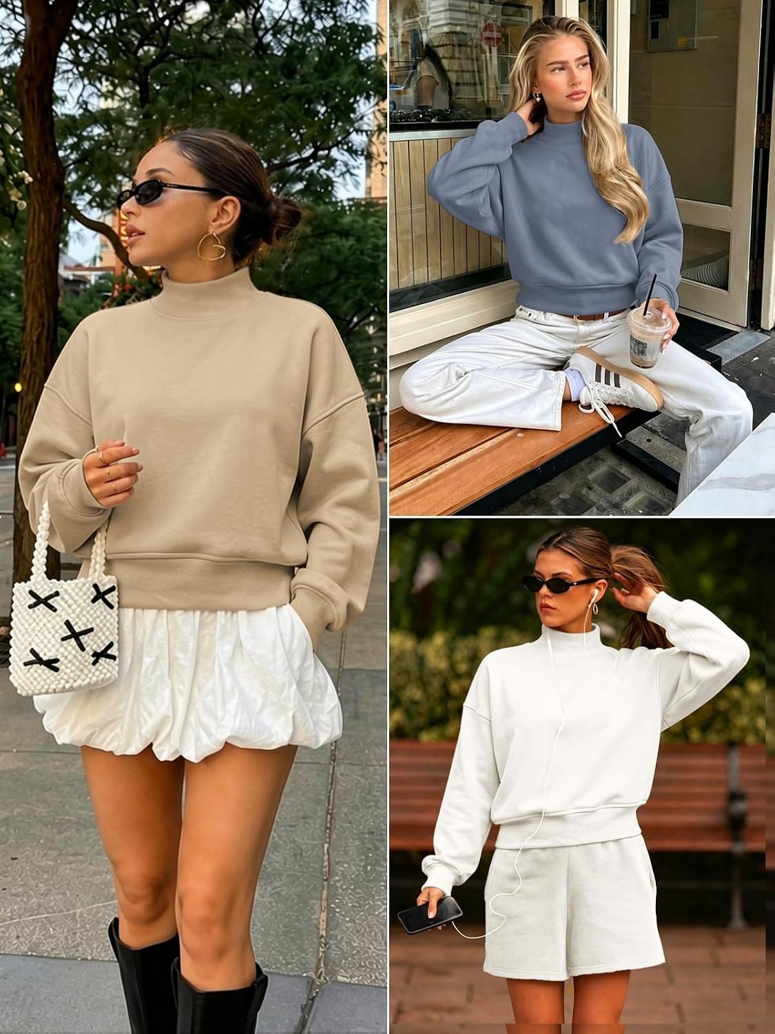 image:imageATHMILE Womens Cropped Sweatshirts Oversized Turtleneck Long Sleeve Tops 2026 Spring Winter Loose Pullover Teen Girls ClothesDark Green