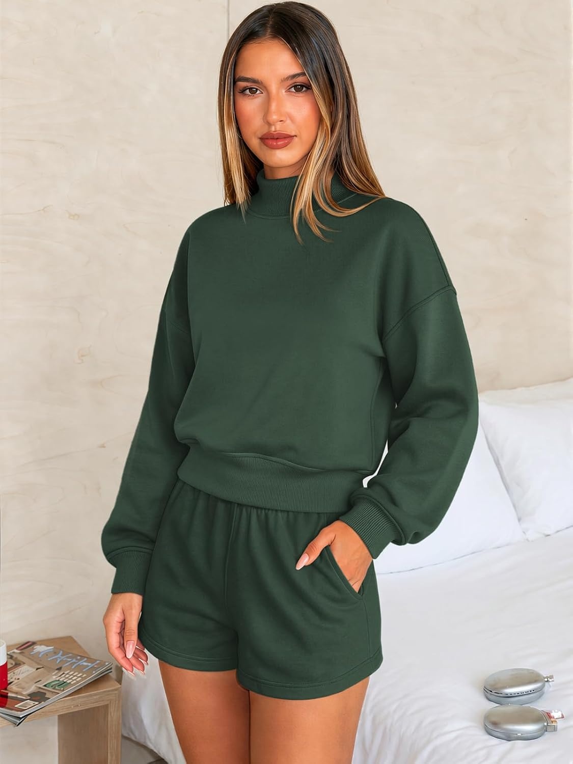 image:imageATHMILE Womens Cropped Sweatshirts Oversized Turtleneck Long Sleeve Tops 2026 Spring Winter Loose Pullover Teen Girls ClothesDark Green