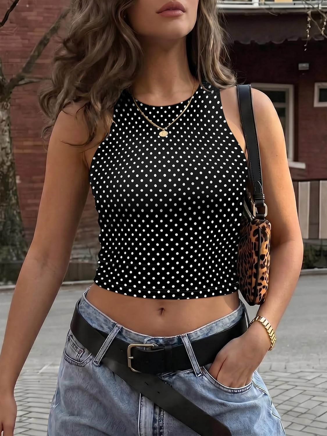 image:imageATHMILE Womens Double Lined Crop Tank Tops Casual Basic Shirts Sleeveless Workout Tops Cute Summer Clothes Teen GirlsBlack Polka Dots