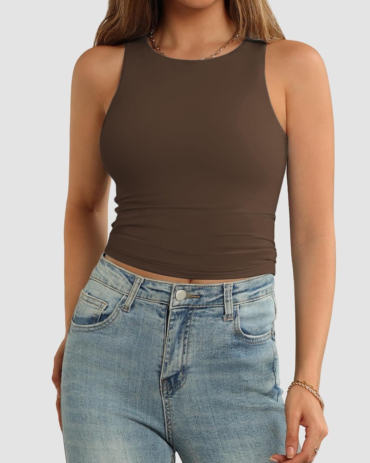 image:imageATHMILE Womens Double Lined Crop Tank Tops Casual Basic Shirts Sleeveless Workout Tops Cute Summer Clothes Teen GirlsBrown