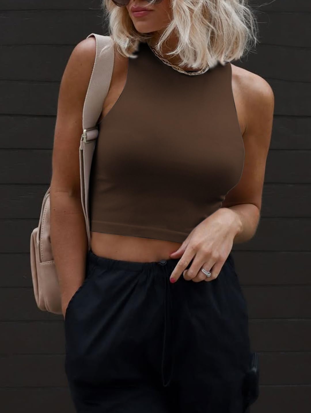 image:imageATHMILE Womens Double Lined Crop Tank Tops Casual Basic Shirts Sleeveless Workout Tops Cute Summer Clothes Teen GirlsBrown