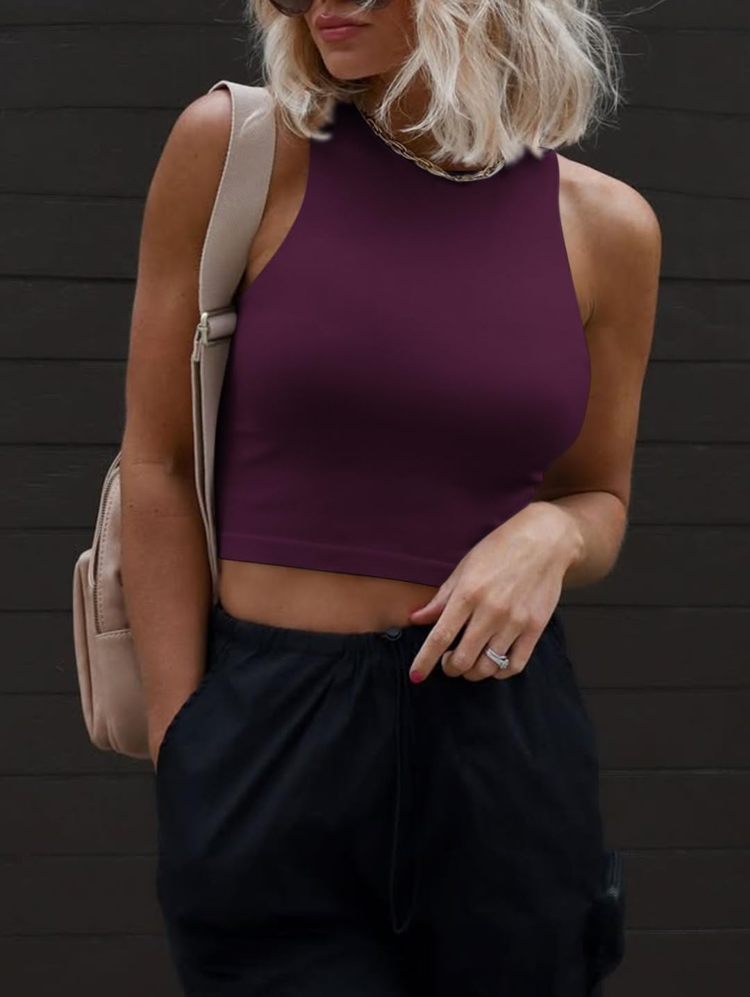image:imageATHMILE Womens Double Lined Crop Tank Tops Casual Basic Shirts Sleeveless Workout Tops Cute Summer Clothes Teen GirlsDark Purple