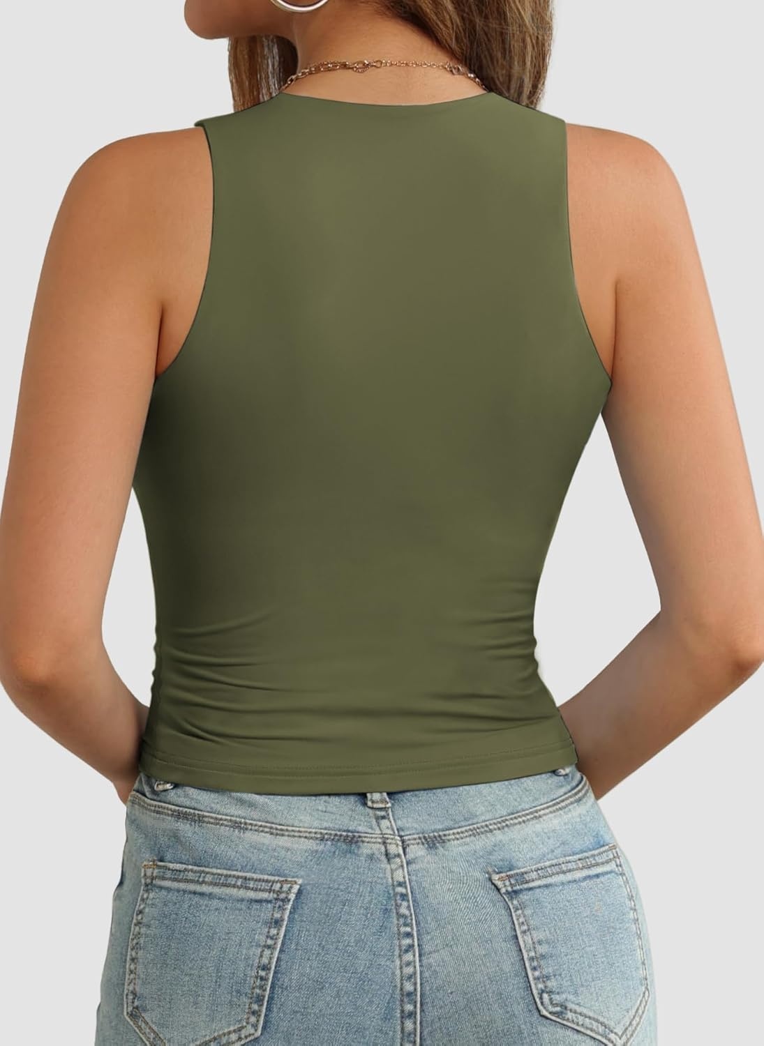 image:imageATHMILE Womens Double Lined Crop Tank Tops Casual Basic Shirts Sleeveless Workout Tops Cute Summer Clothes Teen GirlsOlive Green