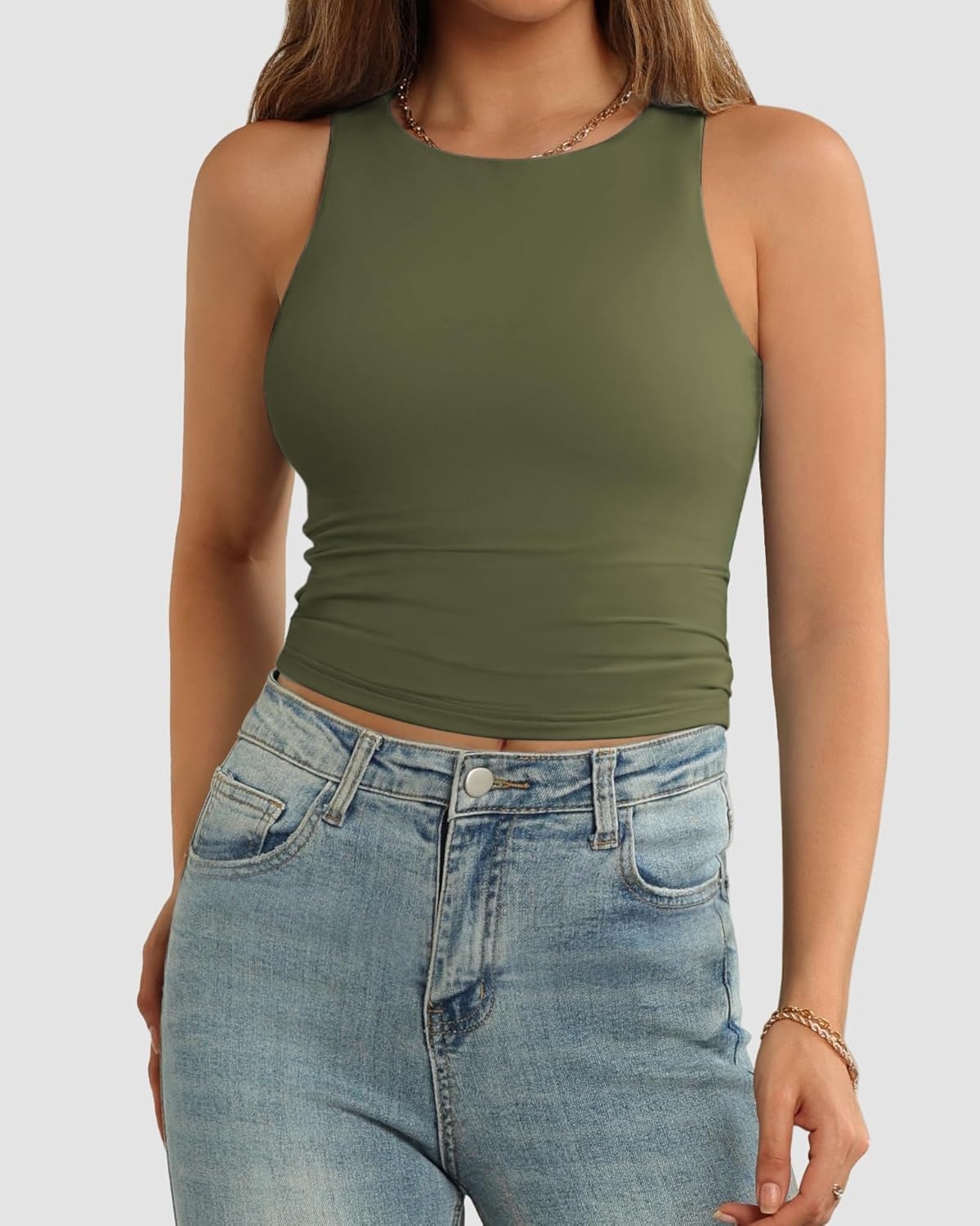 image:imageATHMILE Womens Double Lined Crop Tank Tops Casual Basic Shirts Sleeveless Workout Tops Cute Summer Clothes Teen GirlsOlive Green