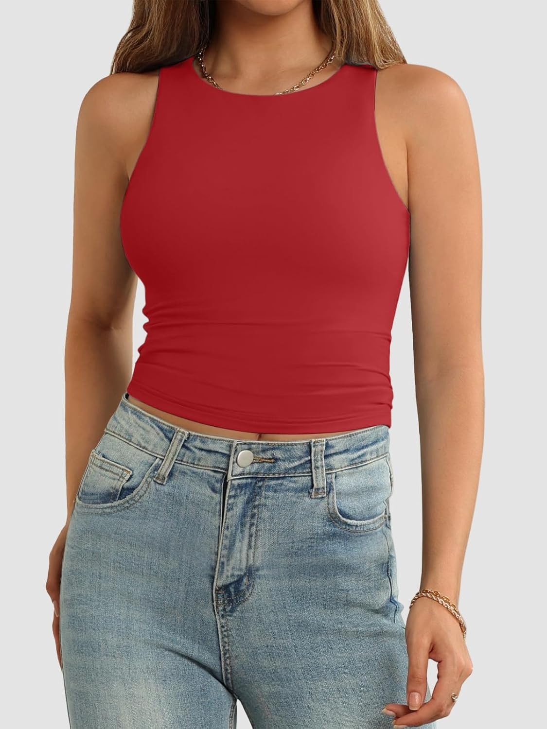 image:imageATHMILE Womens Double Lined Crop Tank Tops Casual Basic Shirts Sleeveless Workout Tops Cute Summer Clothes Teen GirlsRed