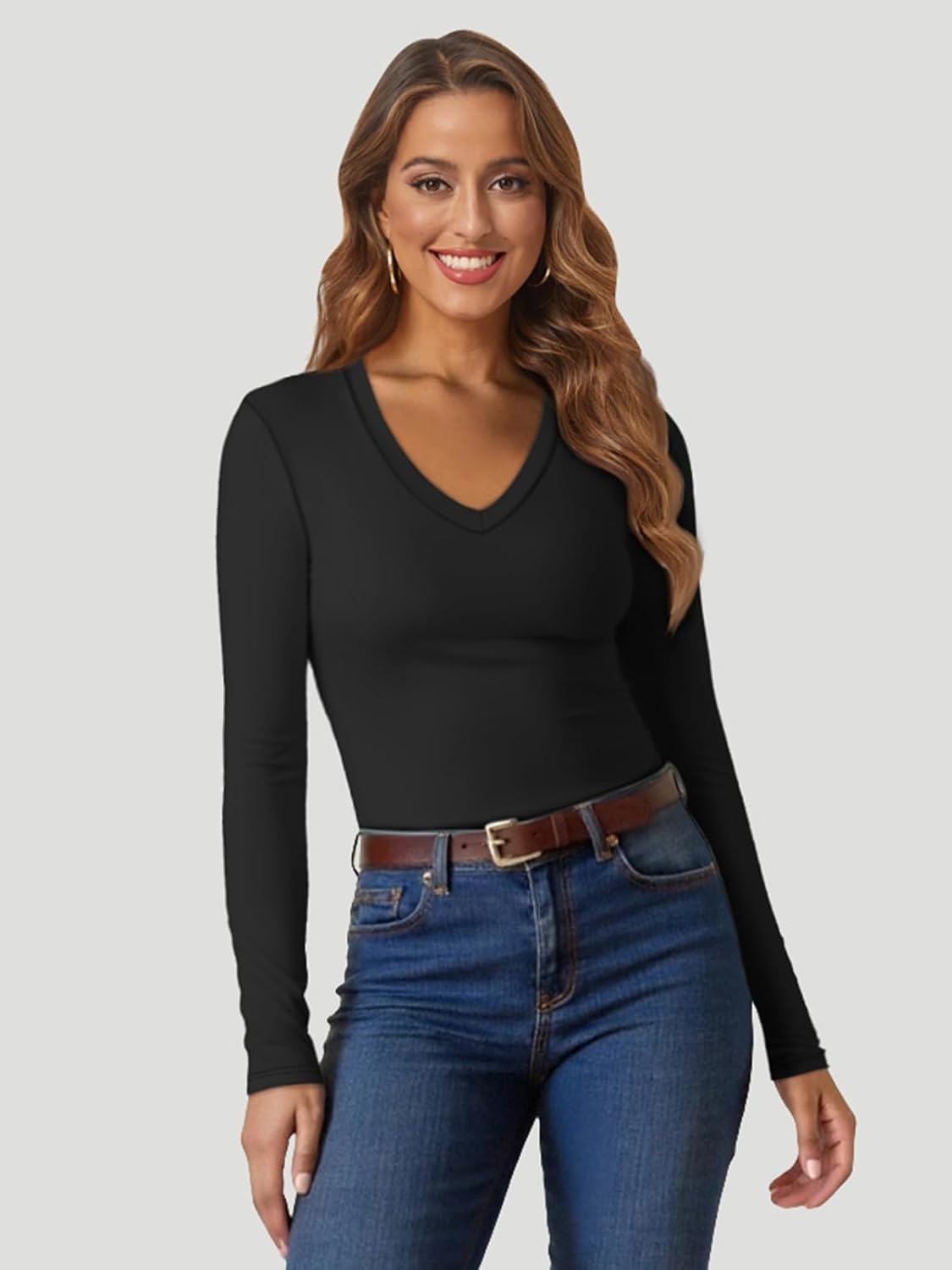 image:imageATHMILE Womens Fall Deep V Neck Long Sleeve Shirts Modal Slim Fit Basic Tee Tops 2026Ablack