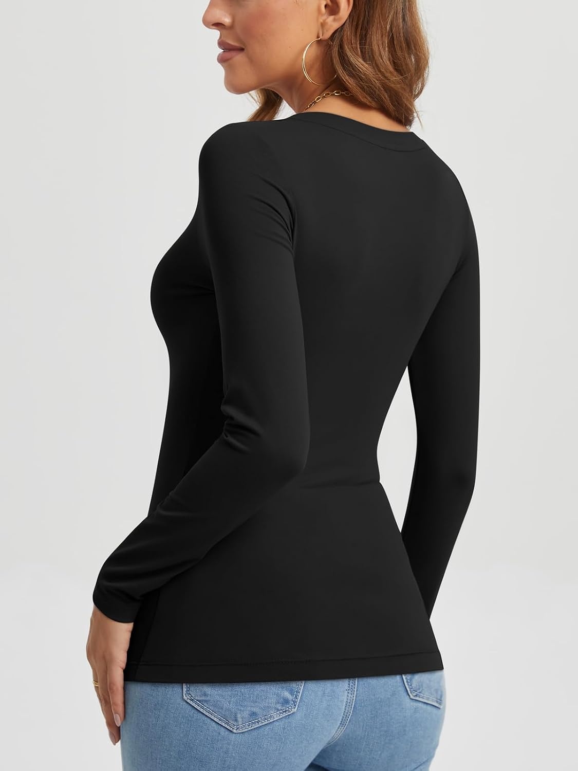 image:imageATHMILE Womens Fall Deep V Neck Long Sleeve Shirts Modal Slim Fit Basic Tee Tops 2026Ablack
