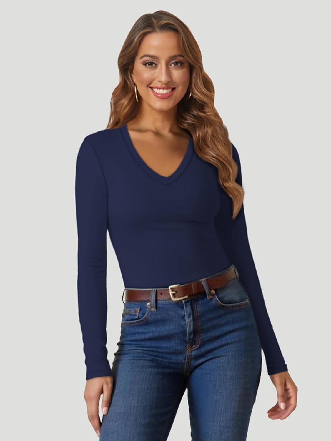 image:imageATHMILE Womens Fall Deep V Neck Long Sleeve Shirts Modal Slim Fit Basic Tee Tops 2026Anavy