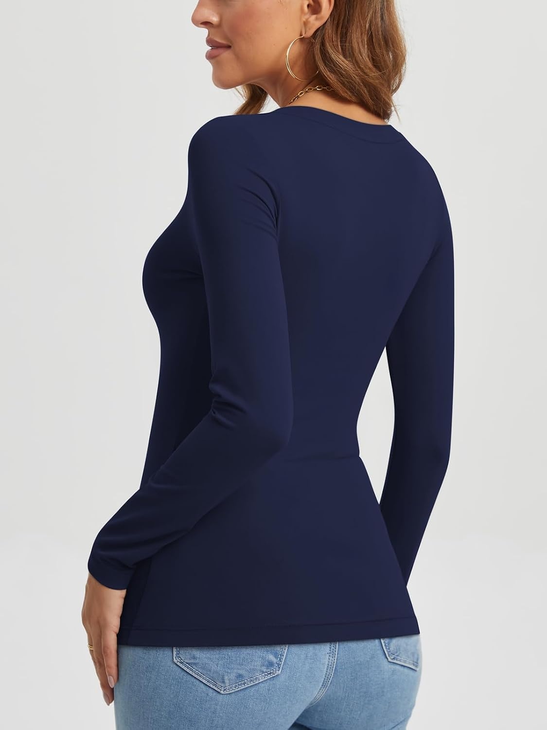 image:imageATHMILE Womens Fall Deep V Neck Long Sleeve Shirts Modal Slim Fit Basic Tee Tops 2026Anavy
