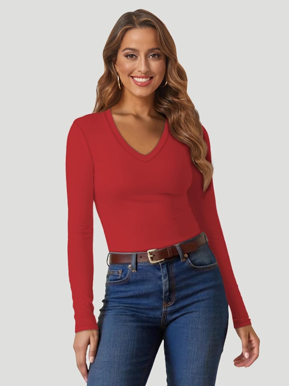 image:imageATHMILE Womens Fall Deep V Neck Long Sleeve Shirts Modal Slim Fit Basic Tee Tops 2026Ared
