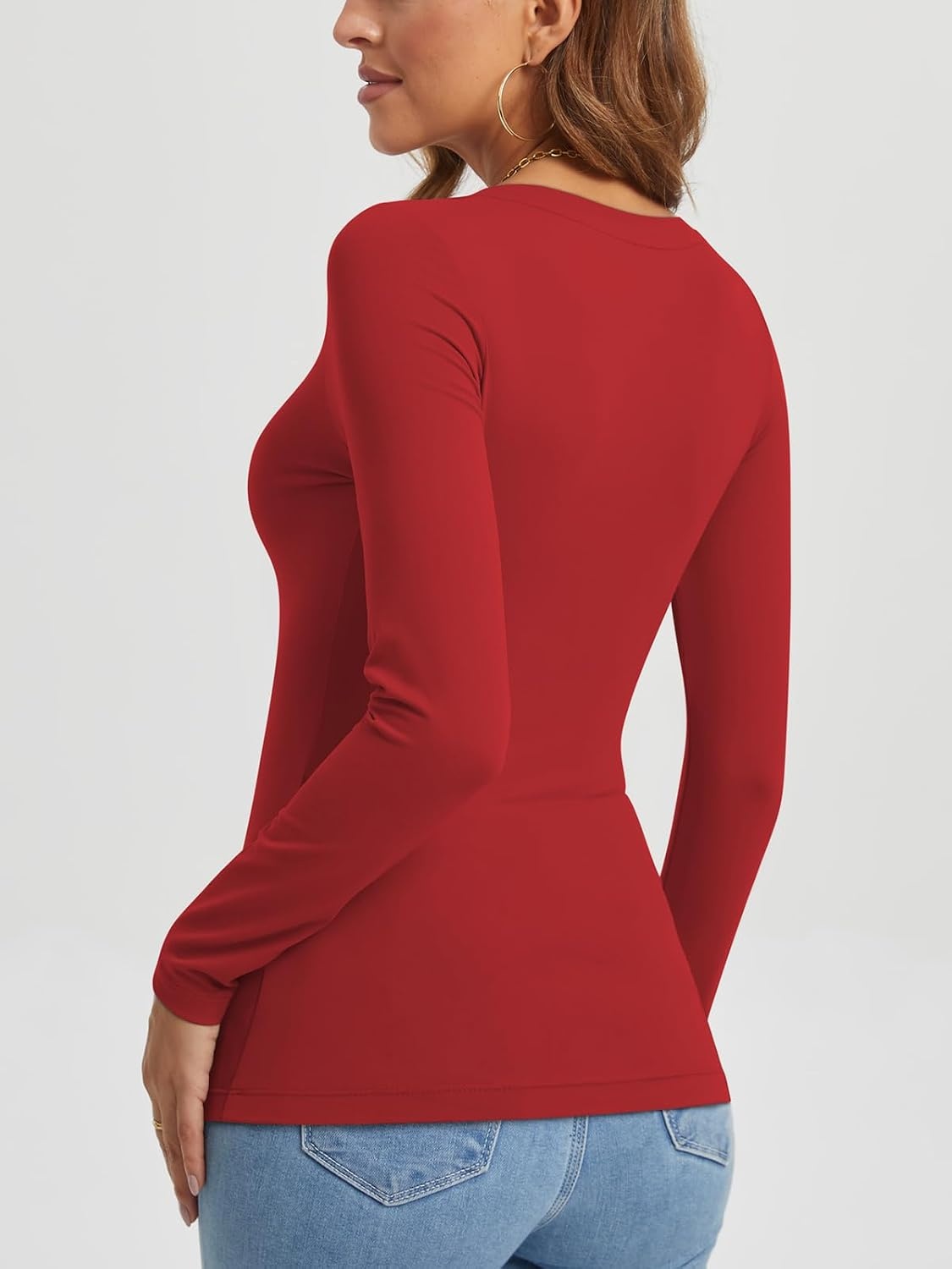 image:imageATHMILE Womens Fall Deep V Neck Long Sleeve Shirts Modal Slim Fit Basic Tee Tops 2026Ared