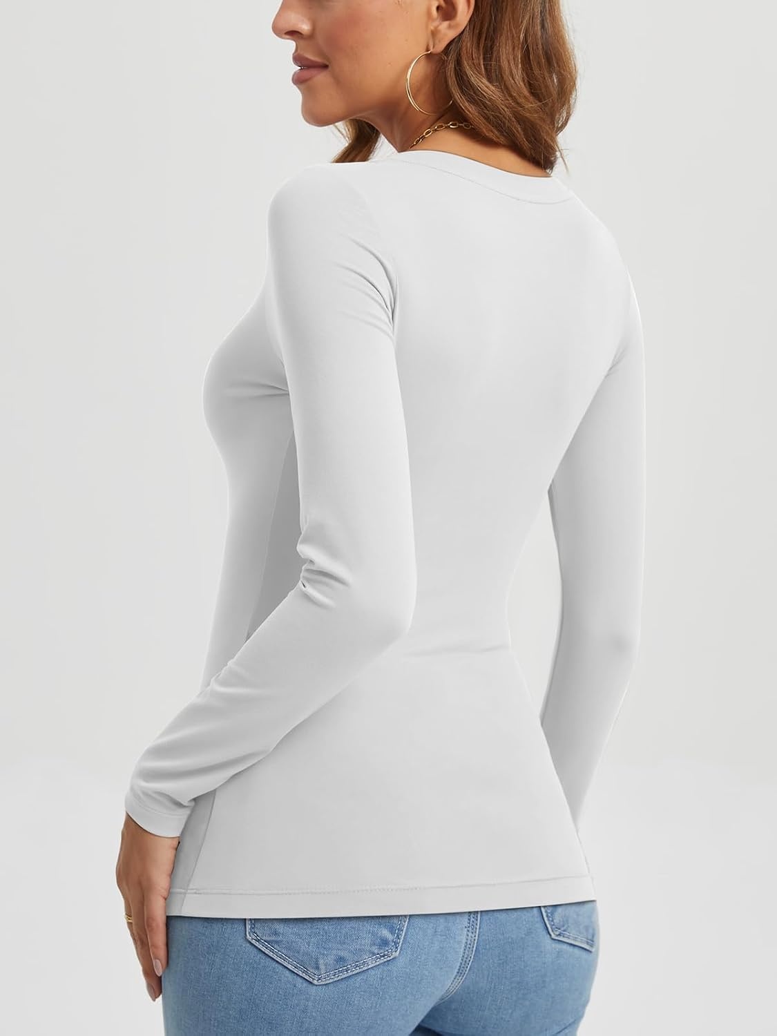 image:imageATHMILE Womens Fall Deep V Neck Long Sleeve Shirts Modal Slim Fit Basic Tee Tops 2026Awhite