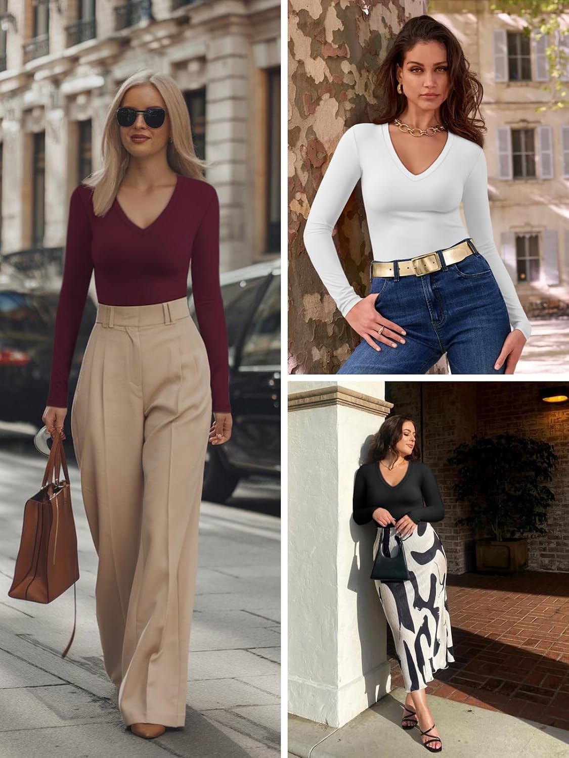 image:imageATHMILE Womens Fall Deep V Neck Long Sleeve Shirts Modal Slim Fit Basic Tee Tops 2026Awhite