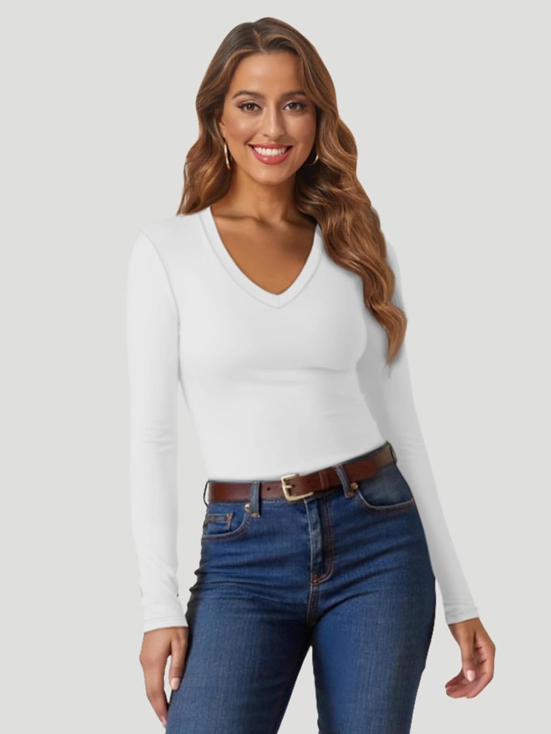 image:imageATHMILE Womens Fall Deep V Neck Long Sleeve Shirts Modal Slim Fit Basic Tee Tops 2026Awhite