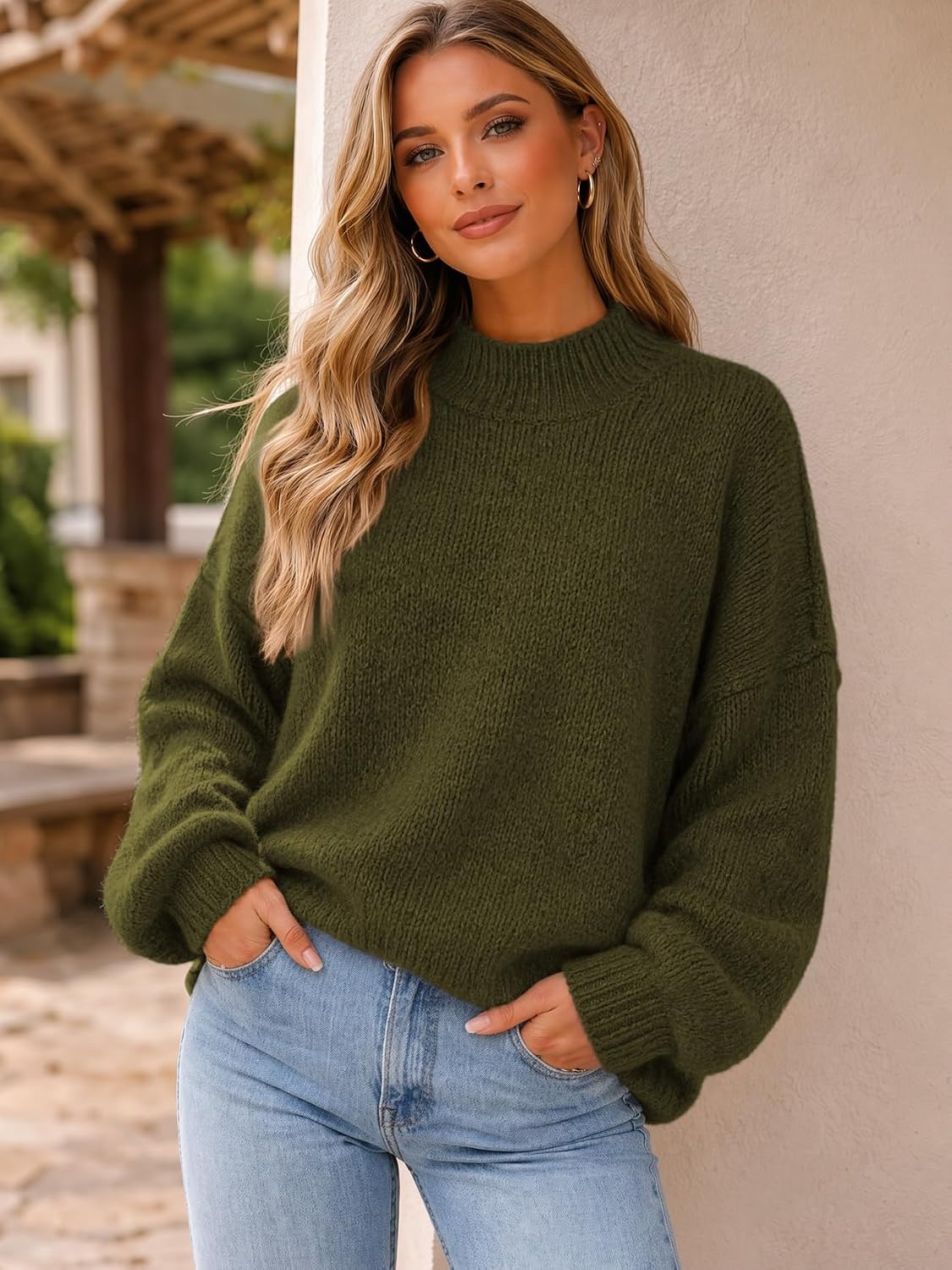 image:imageATHMILE Womens Fall Fashion Oversized Sweaters Chunky Knit Mock Neck Long Sleeve Casual Trendy Pullover Winter Clothes 2026Army Green