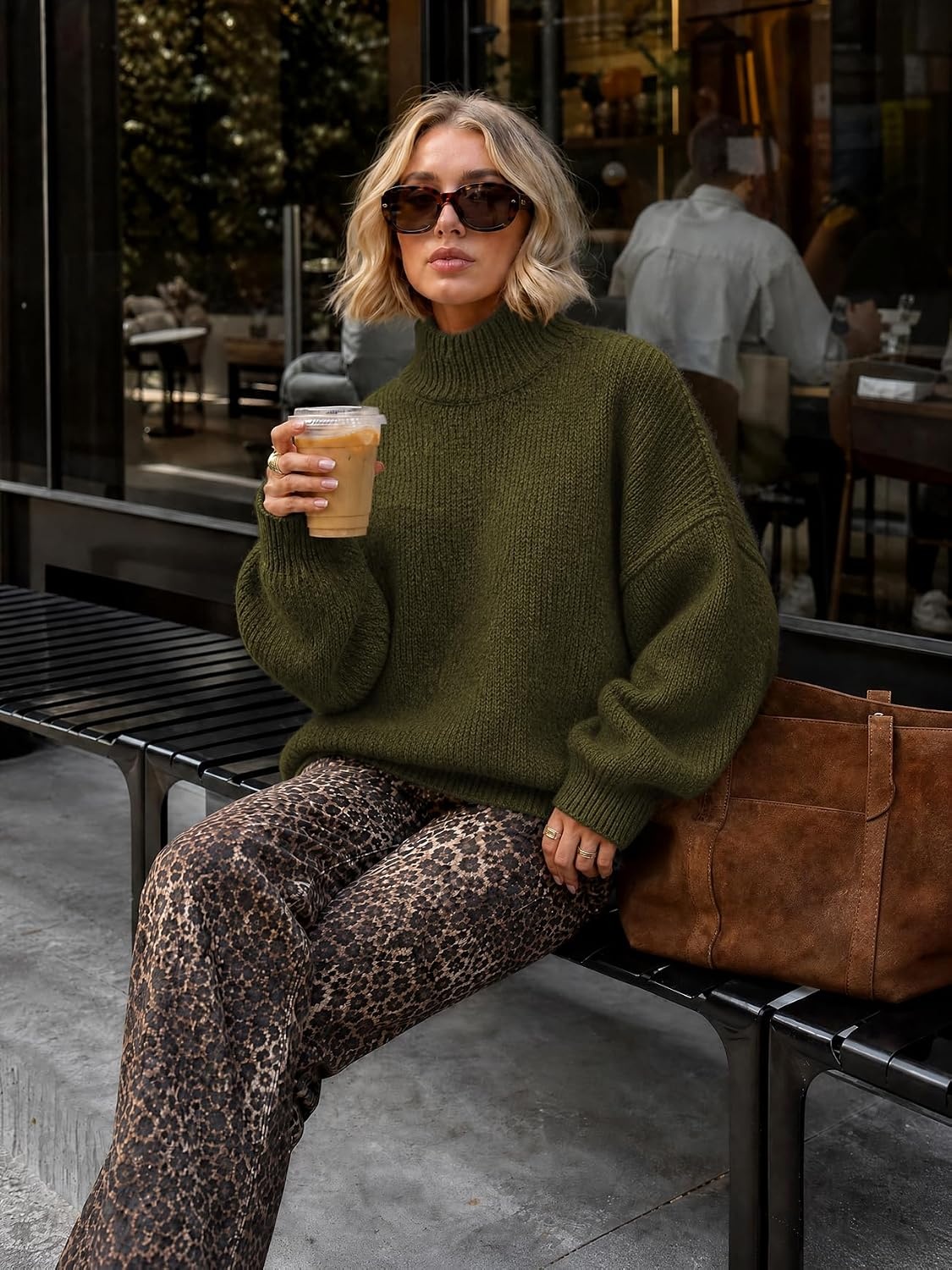 image:imageATHMILE Womens Fall Fashion Oversized Sweaters Chunky Knit Mock Neck Long Sleeve Casual Trendy Pullover Winter Clothes 2026Army Green