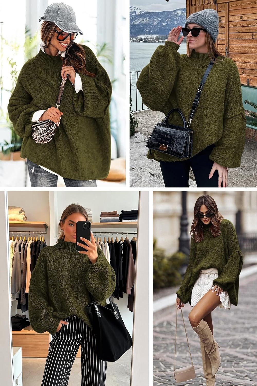 image:imageATHMILE Womens Fall Fashion Oversized Sweaters Chunky Knit Mock Neck Long Sleeve Casual Trendy Pullover Winter Clothes 2026Army Green