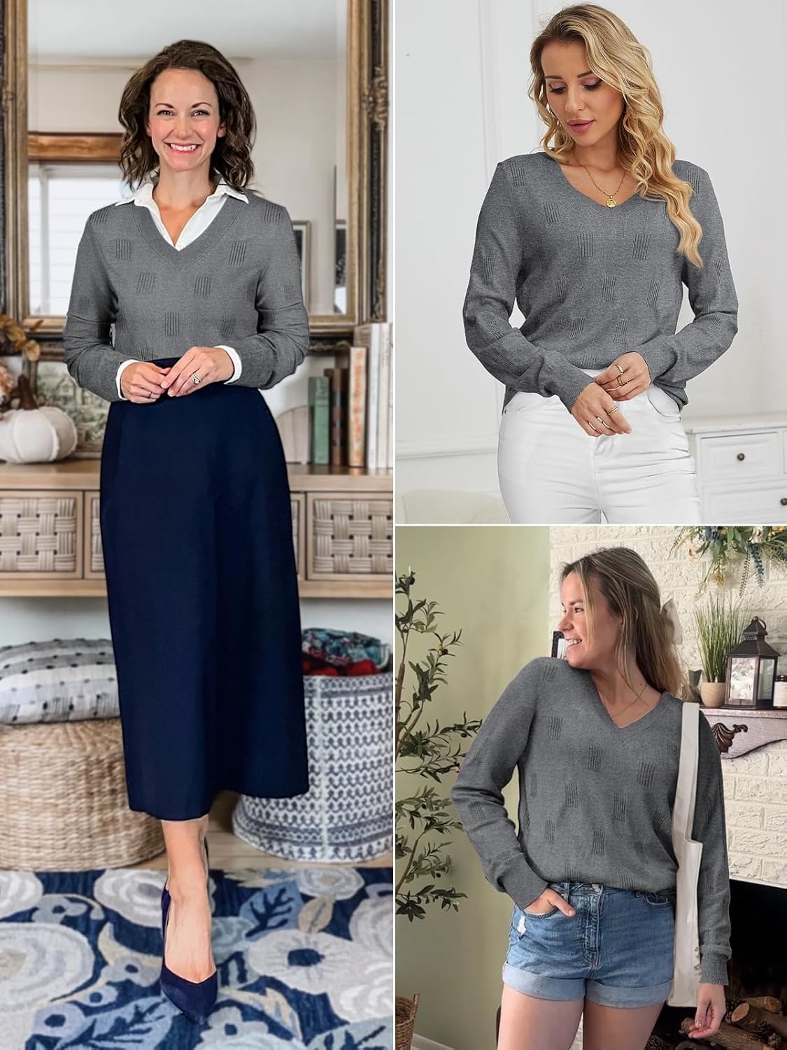 image:imageATHMILE Womens Fall Tops 2026 Fashion Trendy Pullover Sweater V Neck Long Sleeve Shirt Knit Blouse Clothes OutfitsGrey
