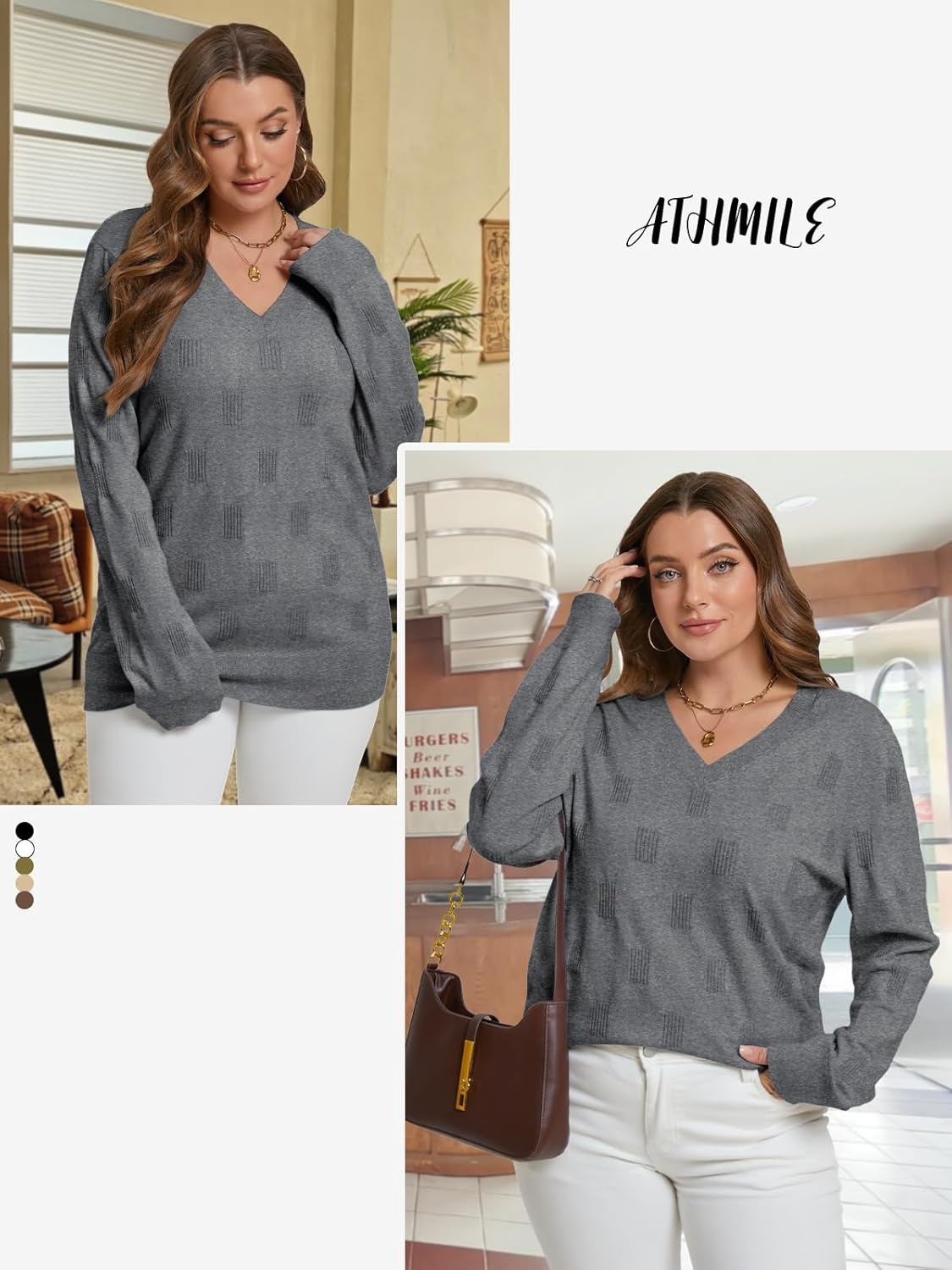 image:imageATHMILE Womens Fall Tops 2026 Fashion Trendy Pullover Sweater V Neck Long Sleeve Shirt Knit Blouse Clothes OutfitsGrey