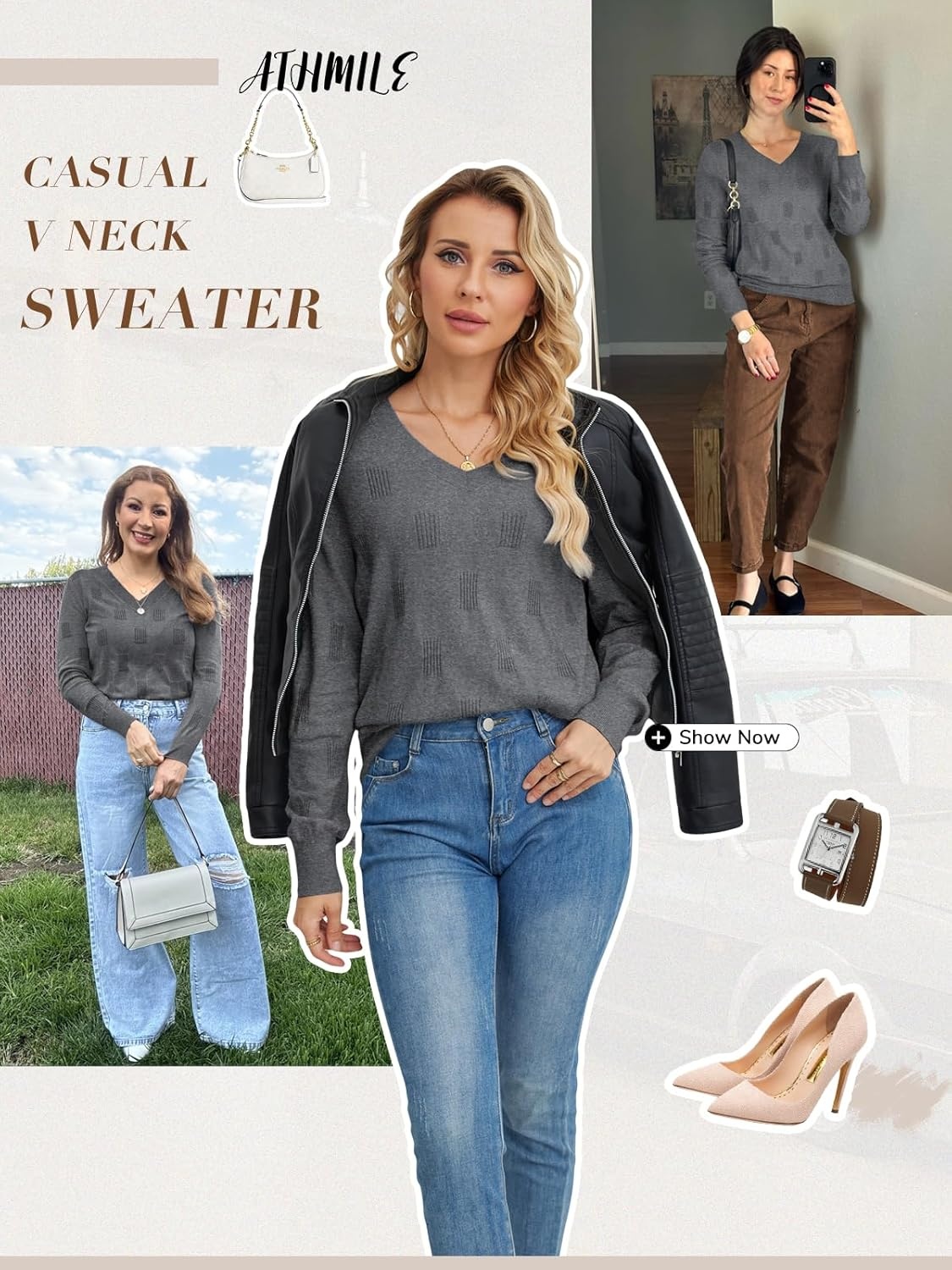 image:imageATHMILE Womens Fall Tops 2026 Fashion Trendy Pullover Sweater V Neck Long Sleeve Shirt Knit Blouse Clothes OutfitsGrey