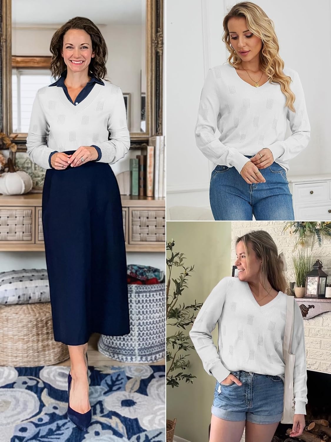 image:imageATHMILE Womens Fall Tops 2026 Fashion Trendy Pullover Sweater V Neck Long Sleeve Shirt Knit Blouse Clothes OutfitsWhite