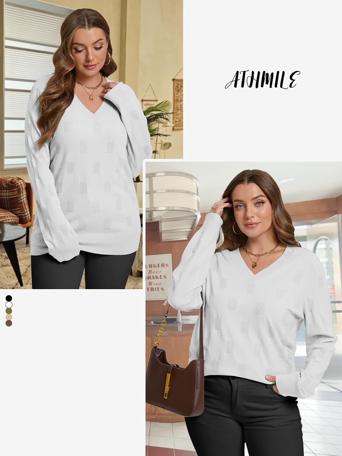 image:imageATHMILE Womens Fall Tops 2026 Fashion Trendy Pullover Sweater V Neck Long Sleeve Shirt Knit Blouse Clothes OutfitsWhite