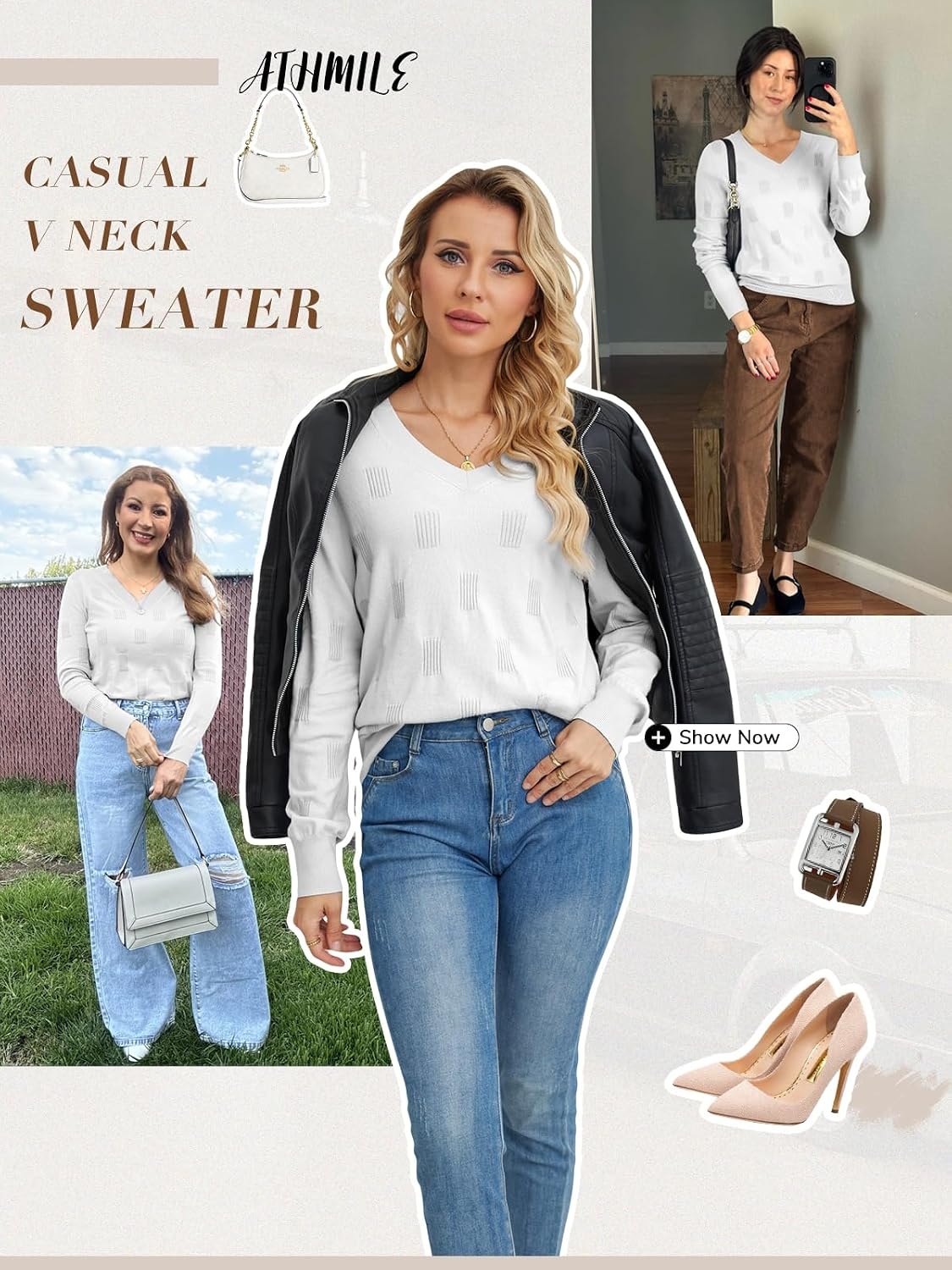 image:imageATHMILE Womens Fall Tops 2026 Fashion Trendy Pullover Sweater V Neck Long Sleeve Shirt Knit Blouse Clothes OutfitsWhite