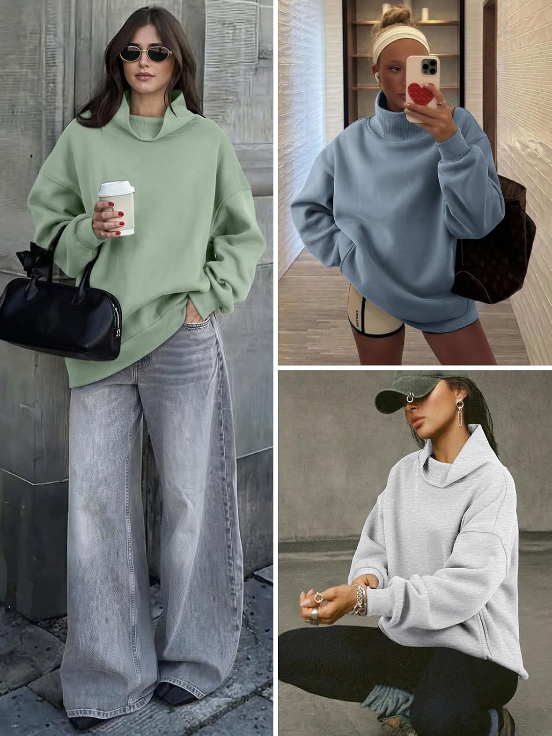 image:imageATHMILE Womens Fleece Sweatshirts with Pockets Oversized Mock Neck Sweatshirt Turtleneck Pullover Fall Fashion Outfits 2026Gray Green