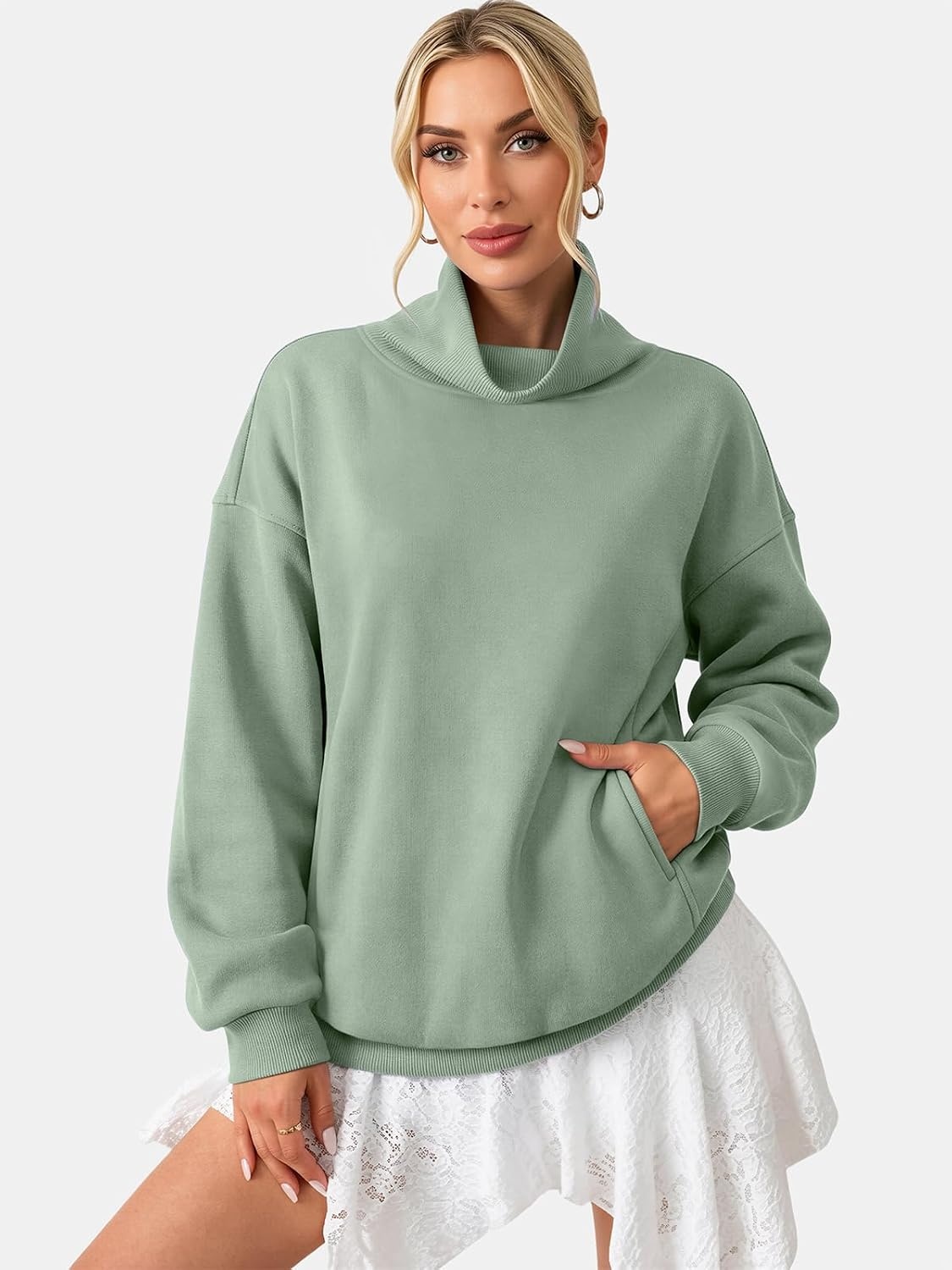 image:imageATHMILE Womens Fleece Sweatshirts with Pockets Oversized Mock Neck Sweatshirt Turtleneck Pullover Fall Fashion Outfits 2026Gray Green