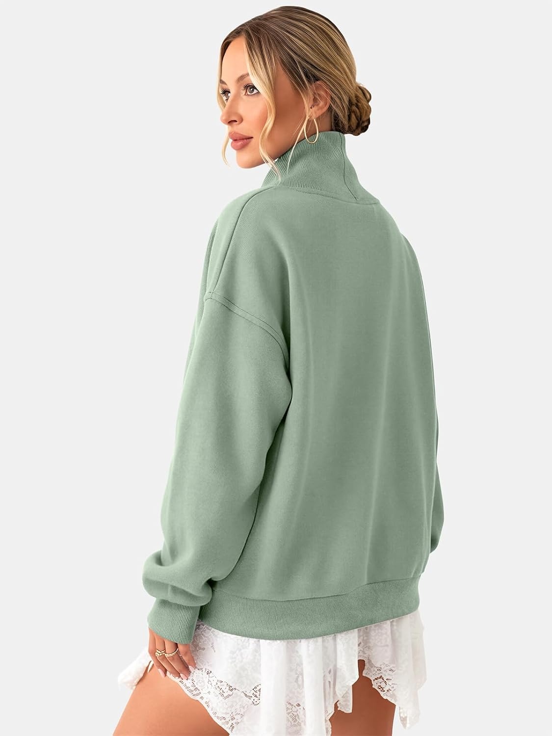 image:imageATHMILE Womens Fleece Sweatshirts with Pockets Oversized Mock Neck Sweatshirt Turtleneck Pullover Fall Fashion Outfits 2026Gray Green