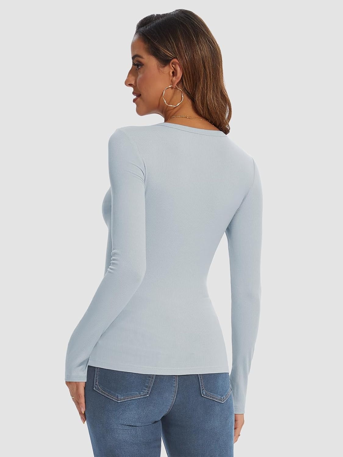 image:imageATHMILE Womens Long Sleeve CrewneckV Neck Ribbed Tops Fall Fitted Stretch Casual Basic T Shirts 2026Alight Blue
