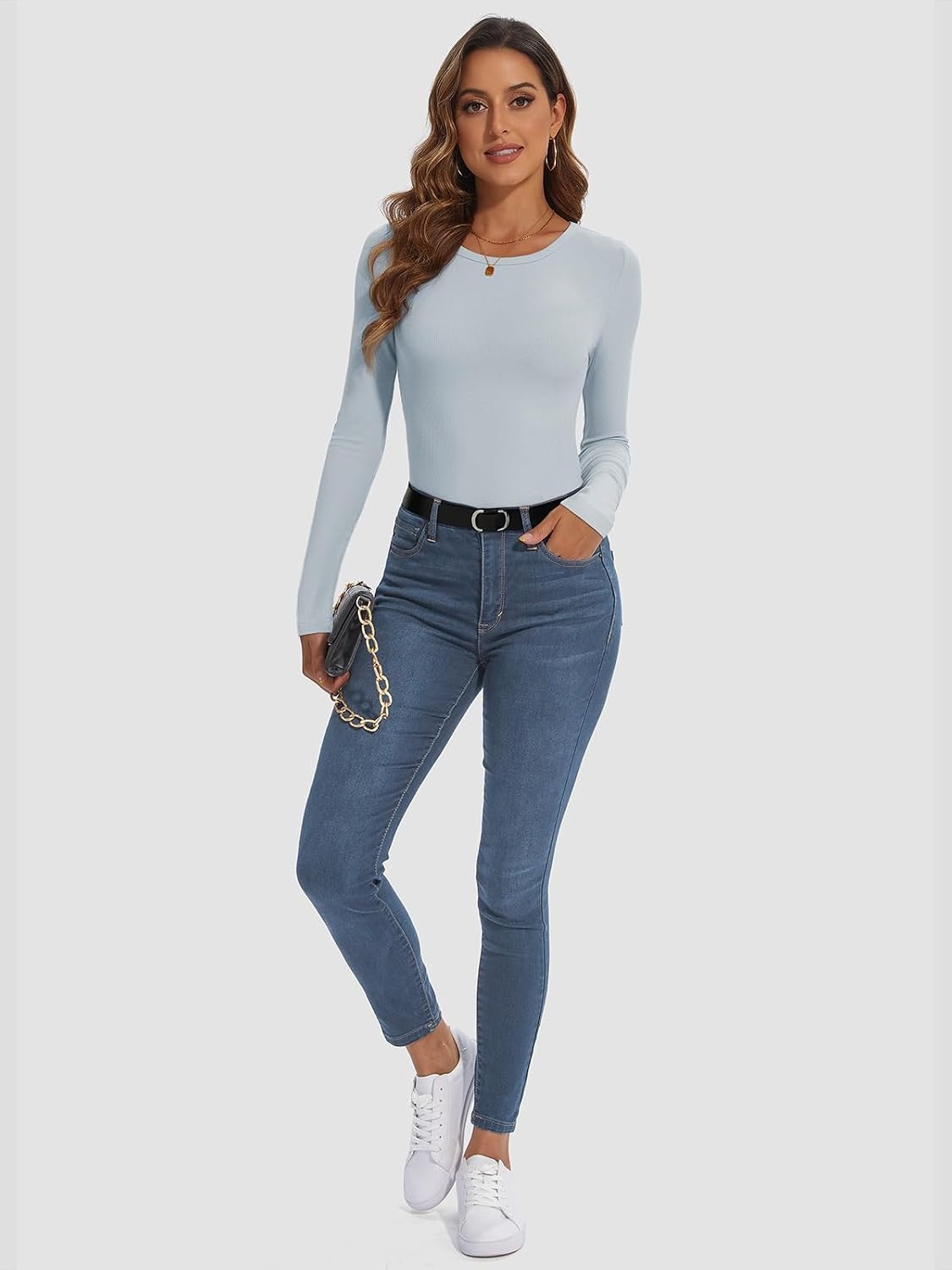 image:imageATHMILE Womens Long Sleeve CrewneckV Neck Ribbed Tops Fall Fitted Stretch Casual Basic T Shirts 2026Alight Blue