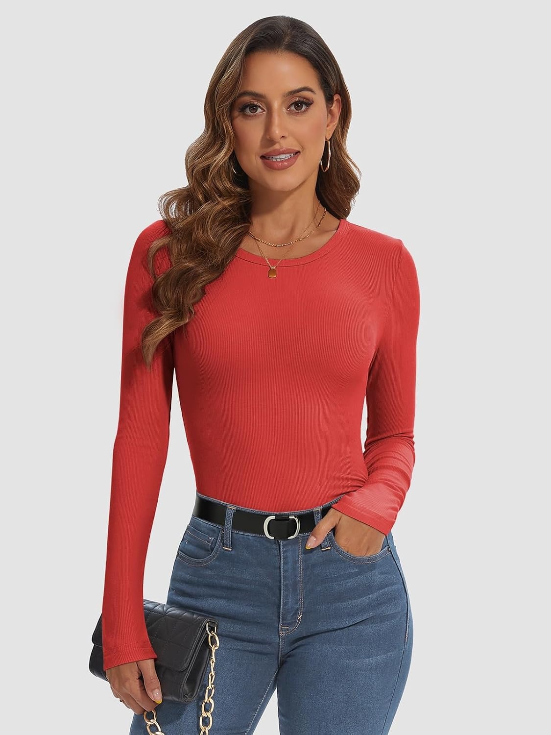 image:imageATHMILE Womens Long Sleeve CrewneckV Neck Ribbed Tops Fall Fitted Stretch Casual Basic T Shirts 2026Ared