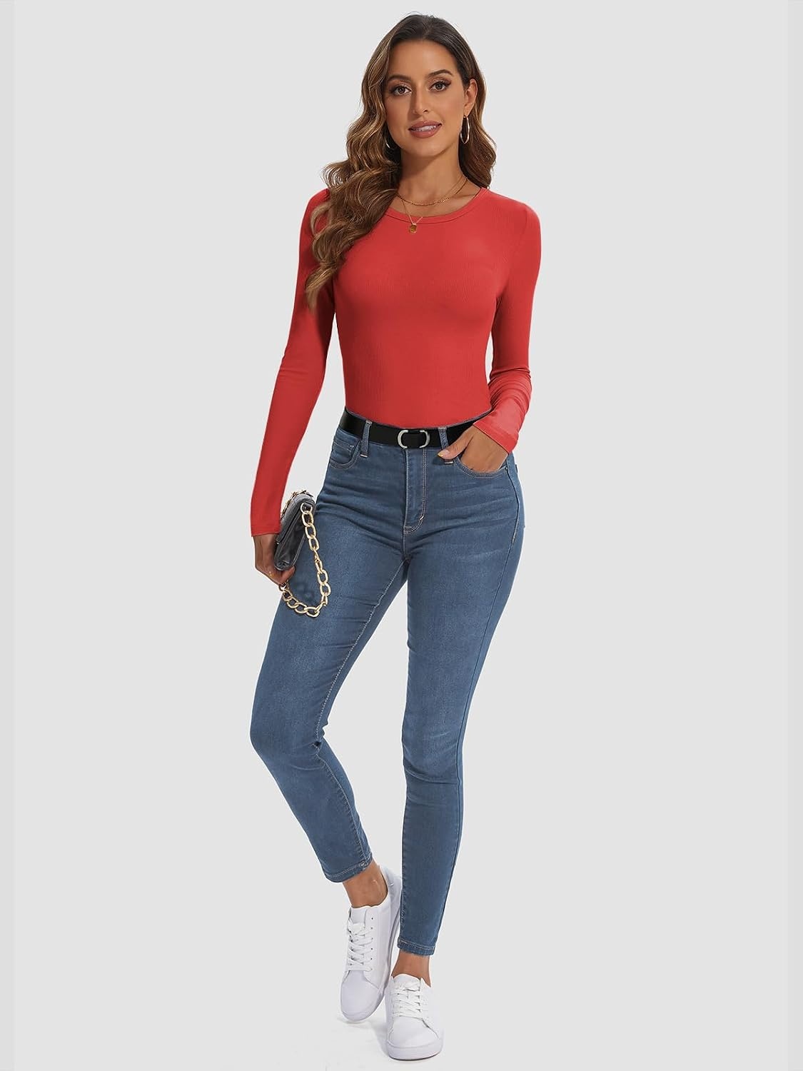image:imageATHMILE Womens Long Sleeve CrewneckV Neck Ribbed Tops Fall Fitted Stretch Casual Basic T Shirts 2026Ared