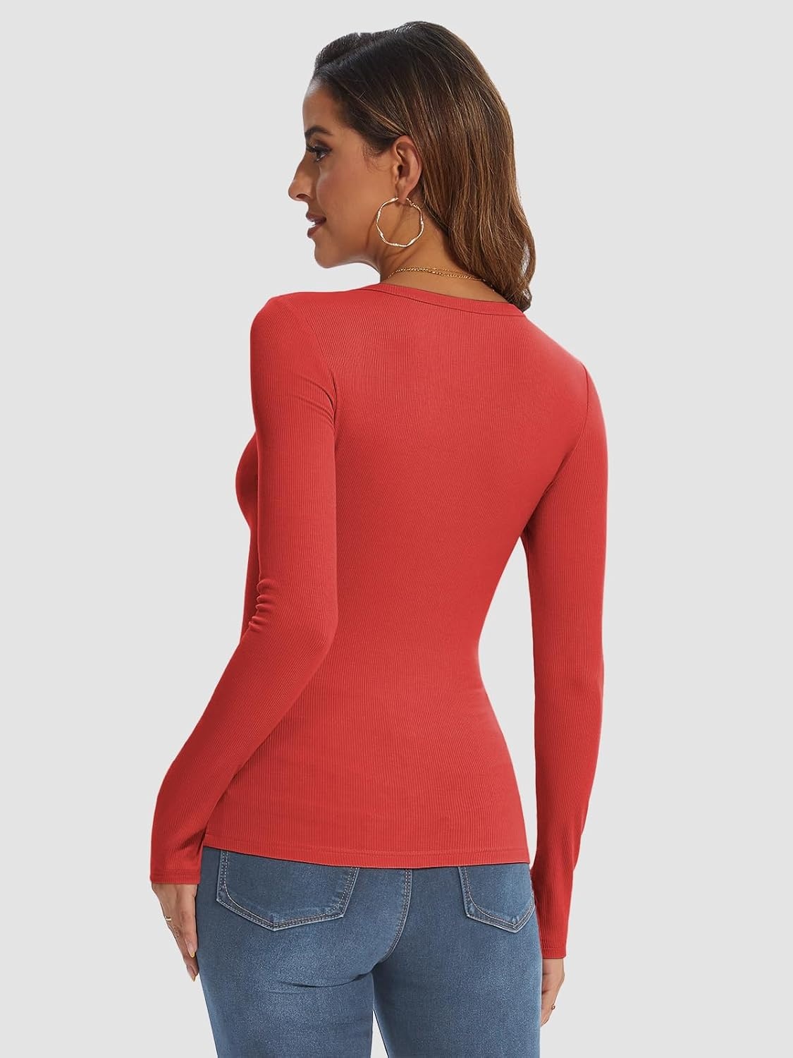image:imageATHMILE Womens Long Sleeve CrewneckV Neck Ribbed Tops Fall Fitted Stretch Casual Basic T Shirts 2026Ared