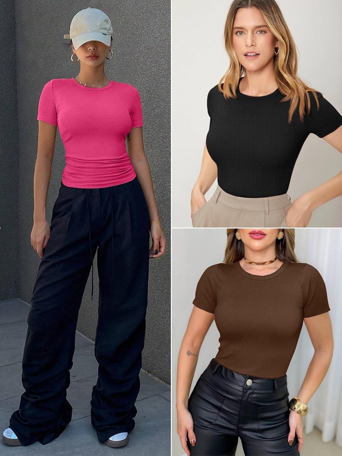 image:imageATHMILE Womens Long Sleeve CrewneckV Neck Ribbed Tops Fall Fitted Stretch Casual Basic T Shirts 2026Bblack