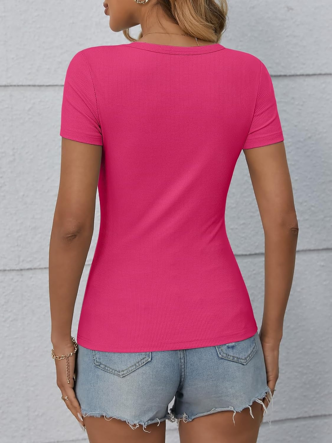 image:imageATHMILE Womens Long Sleeve CrewneckV Neck Ribbed Tops Fall Fitted Stretch Casual Basic T Shirts 2026Bhot Pink