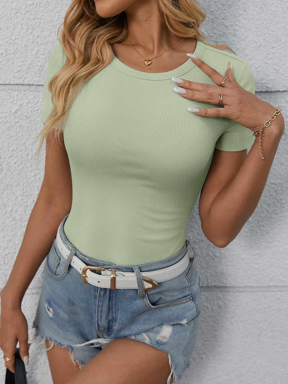 image:imageATHMILE Womens Long Sleeve CrewneckV Neck Ribbed Tops Fall Fitted Stretch Casual Basic T Shirts 2026Bsage Green